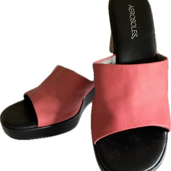 Aerosoles Wedge Sandals Summer Slides Clogs Salmon Pink Leather Heel 3 1/4” 8.5 - Picture 5 of 14